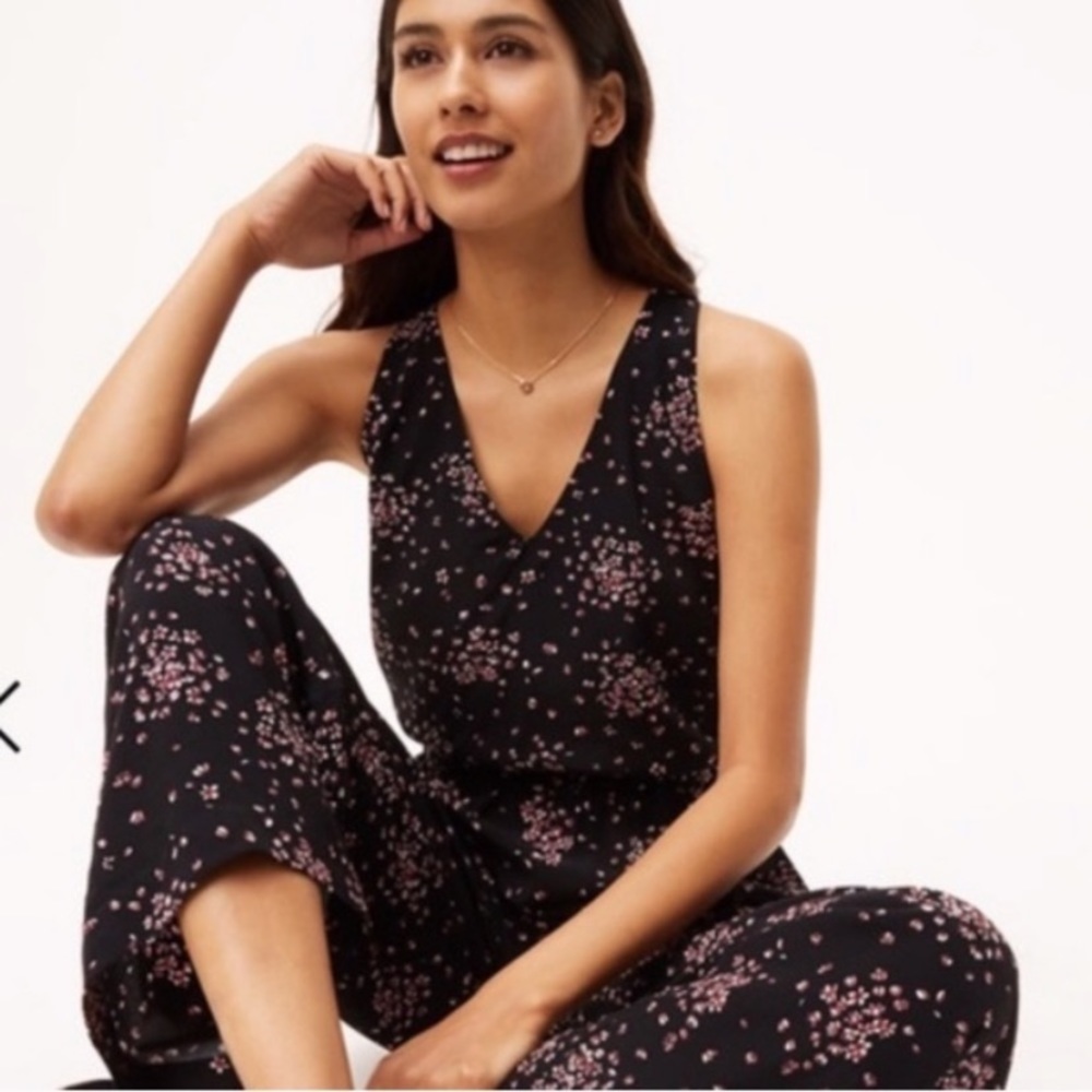 LOFT black floral jumpsuit